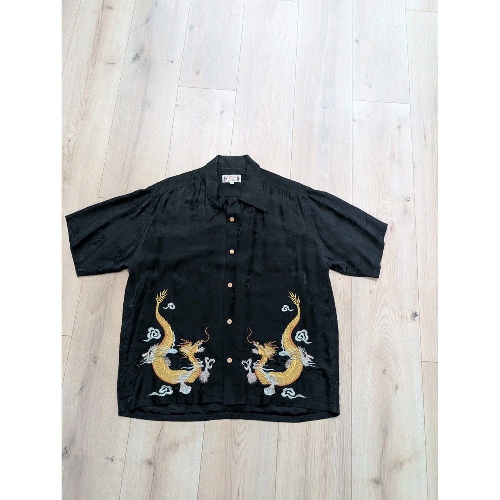 Vintage Orient Express Silk Hawaiian Black Shirt Mens XL Embroidered Dragons 👀